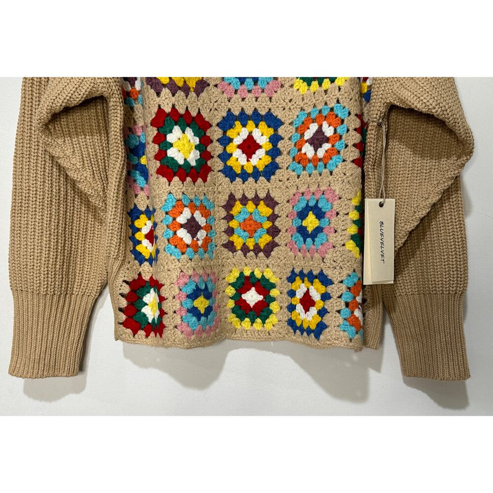Blue Velvet Granny Square Knit Long Sleeve Sweater Mocha Multicolor Small NWT - Picture 7 of 15